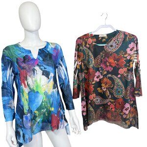 Jess & Jane Womens Tunic Tops S Floral & Paisley 3/4 Sleeve Multicolor USA 2-pk